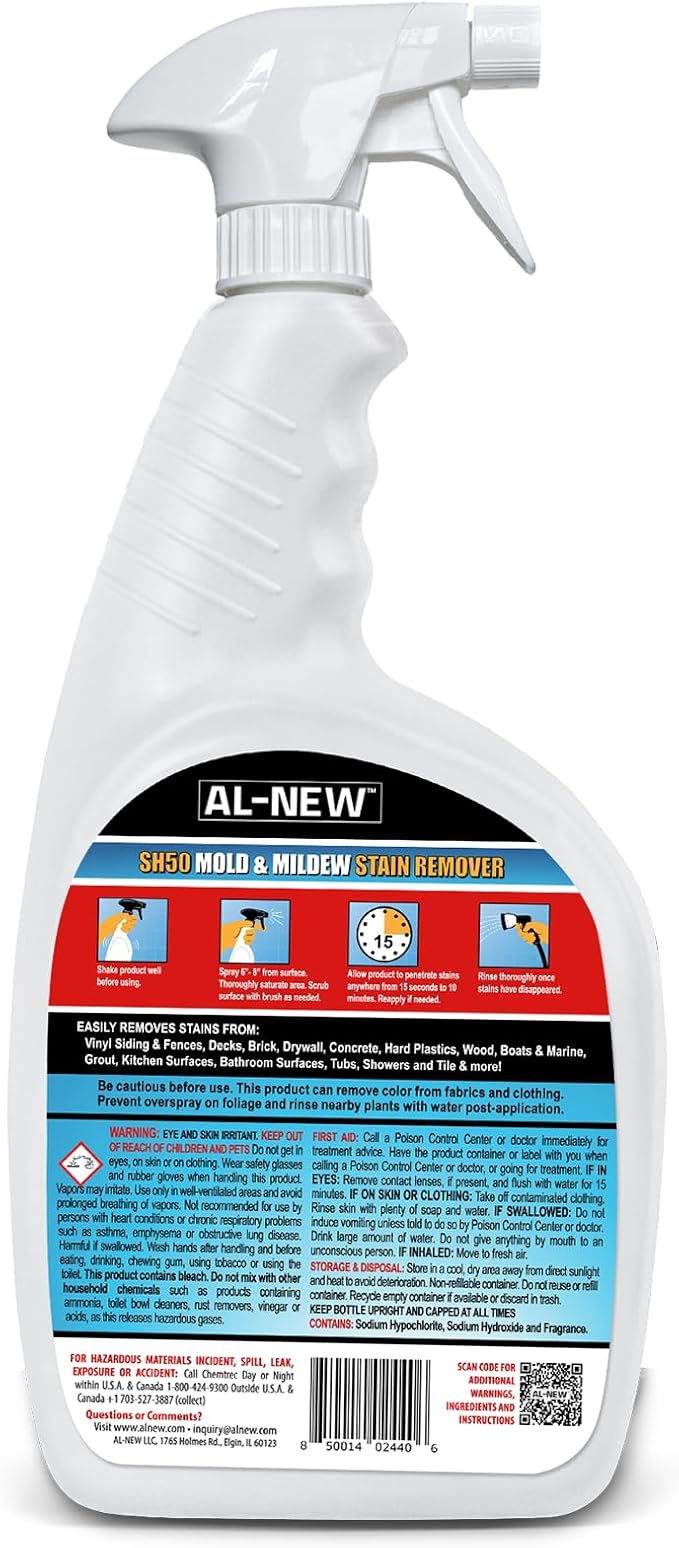 AL-NEW SH50 Mold and Mildew Stain Remover | Scrub Free Formula | Works Great on Decks, Vinyl Siding & Gutters, Tub and Tile (30oz Bottle)