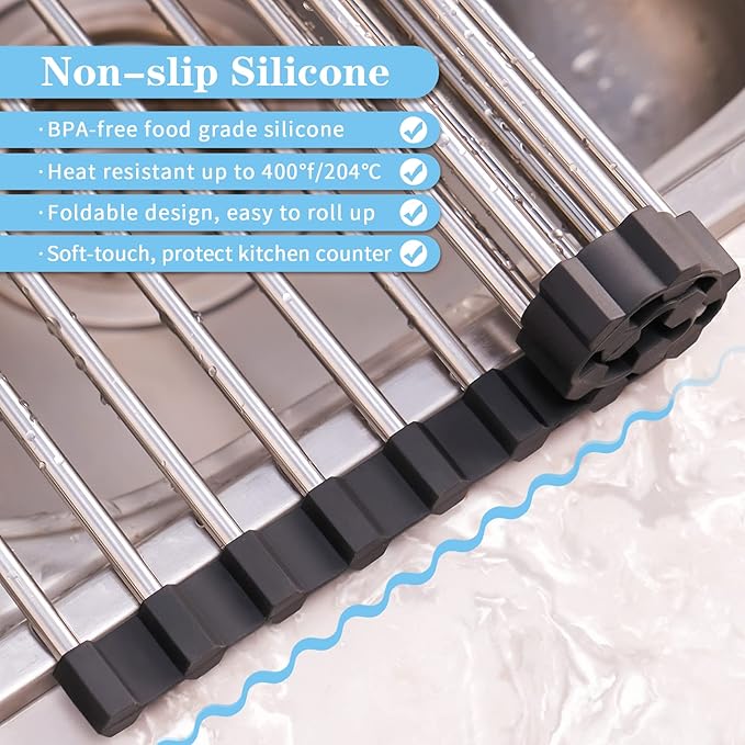 Seropy Roll Up Dish Drying Rack Over The Sink Drying Rack for Kitchen, Folding Dish Rack Over Sink Mat, Stainless Steel Dish Drainer Rack Kitchen Organizer Accessories Black 17"x11.8"