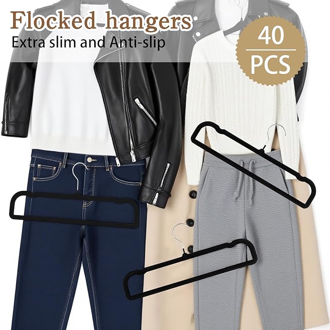 40 Pcs Velvet Pants Hangers with 40 Hooks Non Slip Black Velvet Hangers Slim Clothes Hanger Strong Space Saving Flocked Hanger for Closet Shorts Pants Bra Shirts