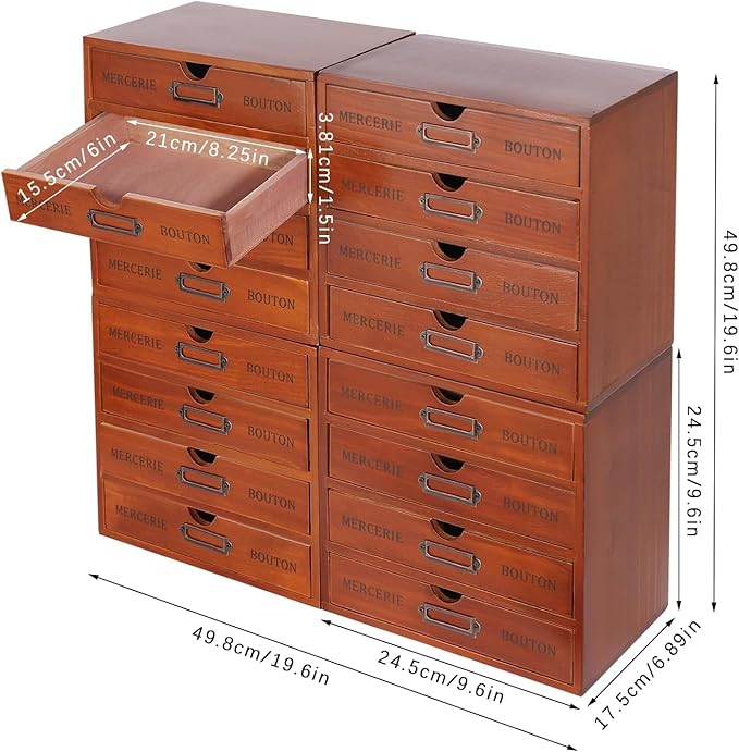 Vintage Wooden Drawer Organizer with 16 Drawers, 4-Tier Stackable Desktop Storage Box for Office, Home, Craft Supplies – Compact Space-Saving Design, Sturdy Pine Wood Construction, Built-In Label