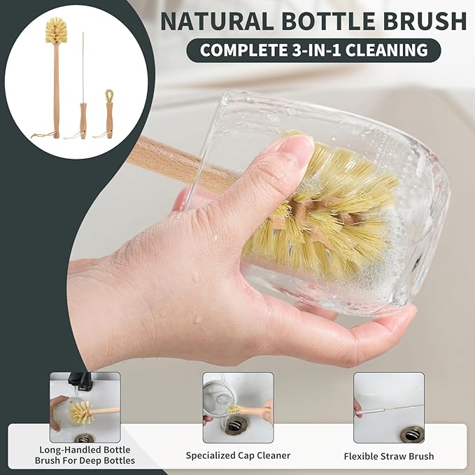 Natural Bottle Brush Set 3-in-1-13.7 Inch Long Handle Wooden Bottle Brush for Cleaning, Water Bottle Cleaner Brush for Cups & Wide Mouth Jars