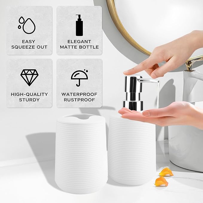 Bathroom Accessories Set 2 Piece, Matte White Bathroom Accessories with Soap Dispenser and Toothbrush Holder, Striped Pattern Bathroom Set for Modern Bathroom Decor