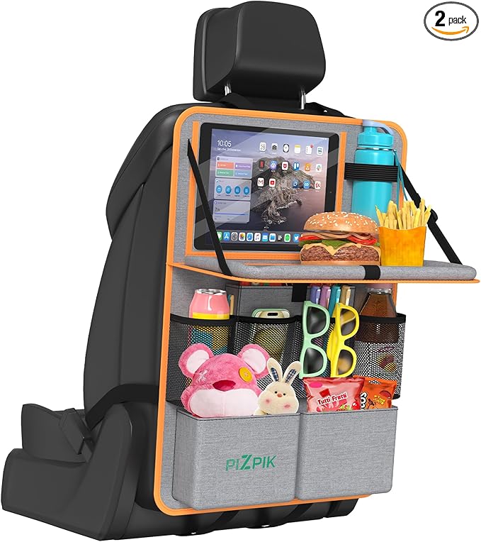 Car Backseat Organizer with Tablet Holder,11 Storage Pockets with Foldable Food Tray, Protector Kick Mats for Kids, Travel Accessories Organizer (Orange, 1Pack with Food Tray)
