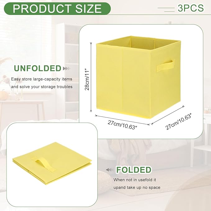 uxcell 3Pcs Fabric Storage Bins, 11 Inch Cube Storage Bin Foldable Storage Cube Organizer Bins with Handles for Shelf Closet, Nursery Home, Bedroom(Yellow)