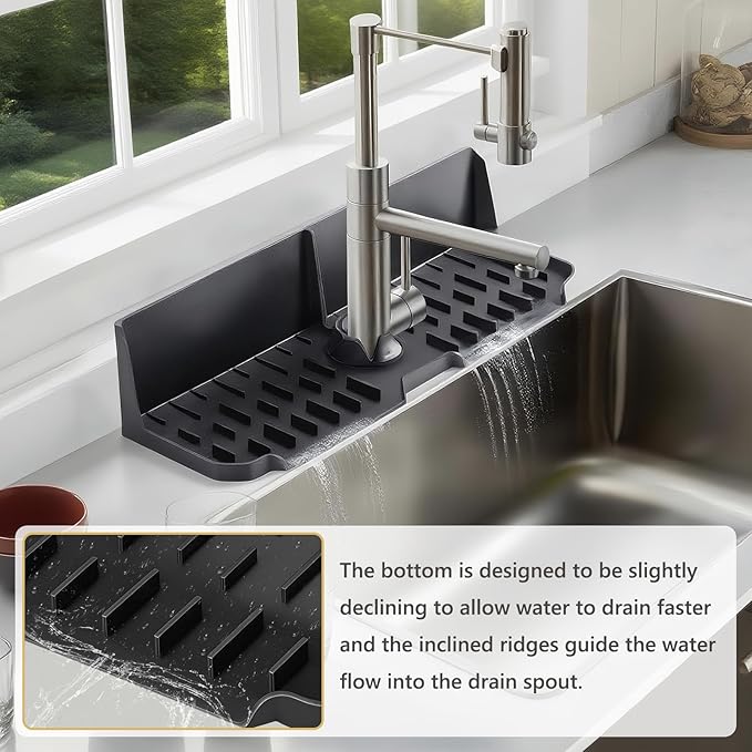 Sink Splash Guard Behind Faucet, Silicone Sink Faucet Drying Mat & Dish Soap Sponge Holder, 17" x 5.5" Silicone Kitchen Sink Auto Drain Organizer (Black)