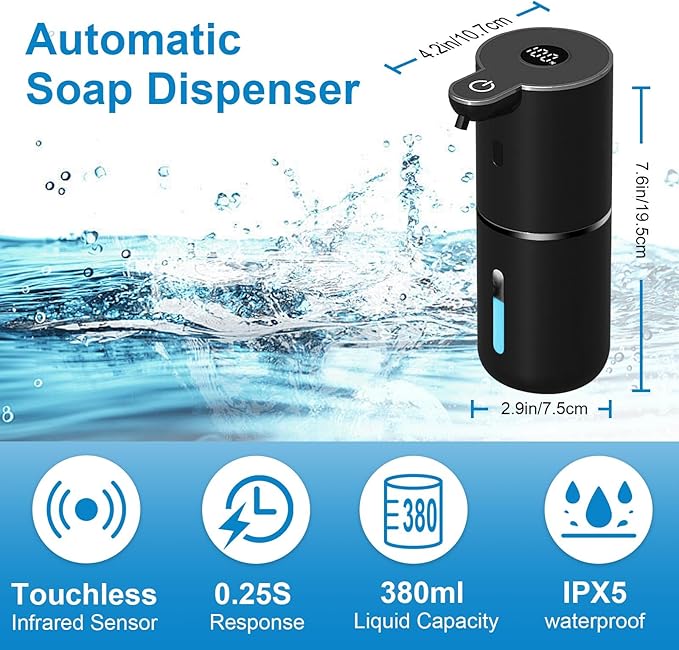 Automatic Liquid Soap Dispenser Touchless, USB Rechargeable Smart Hand Soap Dispenser, 6-Level Adjustable, 12.8oz/380mL, Compatible with Thick Thin Dish Soap for Bathroom Kitchen-Black