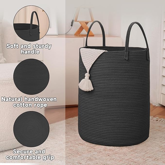 Large Woven Laundry Basket Hamper,80L Cotton Rope Storage Bin for Blankets,Toys and Clothes,Decorative Tall Nursery Hamper for Living Room,Baby Nursery,Bathroom and Bedroom,Black