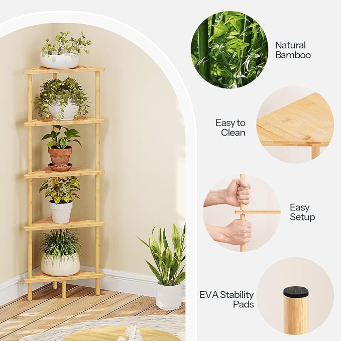 HOOBRO Corner Shelf Stand, 5-Tier Bamboo Corner Bookshelf, Plant Display Shelf, Corner Bookcase, Multipurpose Shelving Unit for Small Space, Living Room, Easy Assembly, Natural YL20CJ01