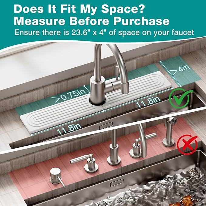 DK177 Diatomite Fast Drying Faucet Mat for Kitchen Sink, Water Absorbing Stone Tray, Faucet Splash Guard for Bathroom Counter, White, 23.6" x 4"