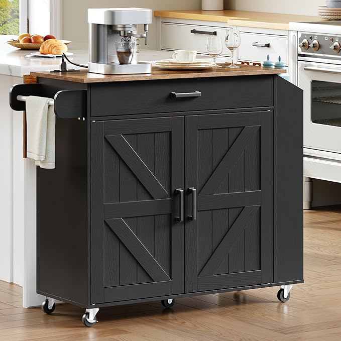 HOOBRO Kitchen Island with Drop Leaf Countertop & Power Outlet, Rolling Island Cart on Wheels, Kitchen Cart with Drawer & Spice Rack, Mobile Island Table for Kitchen, Black BF86UZD01