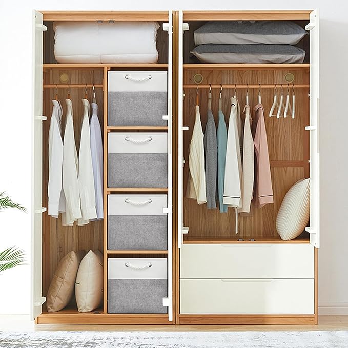 13x13 Storage Cube Bins 4Pack,Collapsible Cube Storage Organizer for Closet, Fabric Storage Box w/ Rope Handles, Foldable Storage Baskets for Shelves, Clothes,Closet Organization - White/Gray