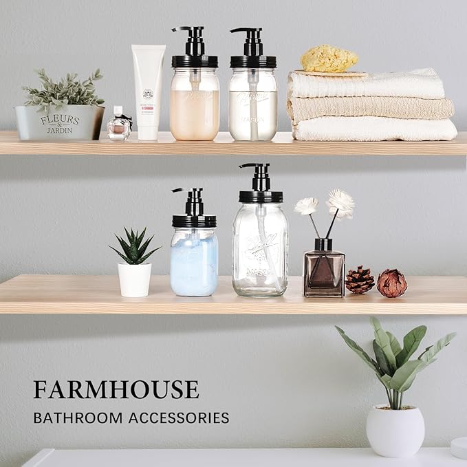 Amolliar Plastic Mason Jar Soap Dispenser with Pump Lid,16OZ Refillable BPA-Free Hand Soap Dispenser Set with Cute Lables - Farmhouse Decor for Kitchen/Bathroom, Liquid Soap,Dish Soap, Lotion