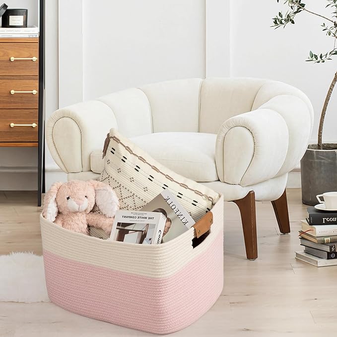 danpinera Large Woven Basket 25’’*16’’*16’’ Rectangle Woven Baskets for Storage, Storage for Living Room, Soft Cotton Rope Basket With Handle, Large Basket for Kids Dog Toys, 108L Pink+White