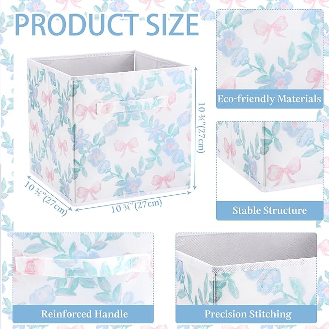 Geelin 6 Pcs Blue Floral Bow Cube Storage Bins 11 Inch Blue Flower Storage Basket with Handle, Preppy Girls Organizer Basket, Collapsible Fabric Box for Classroom Bedrooms Office Home Decoration Gift