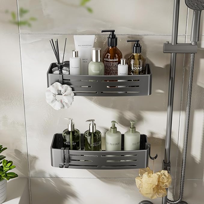 Shower Caddy Suction Cup,2 Pack Shower Shelves with Hooks No Drilling Removable,Large Capacity Bathroom Organizers and Storage,Waterproof Rustproof Shower Bathroom Accessories Decor(Gray)