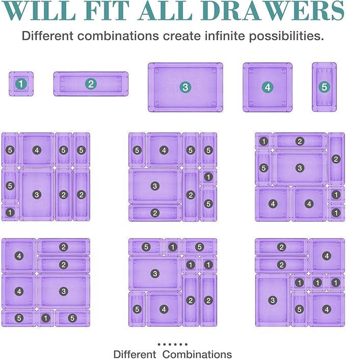 10 PCS Drawer Organizer Set, 4 Varied Size Bathroom and kitchen Drawer cabinet organizer Trays, Clear Storage Bins for Makeup, Jewelry, Utensils and Gadgets, Purple