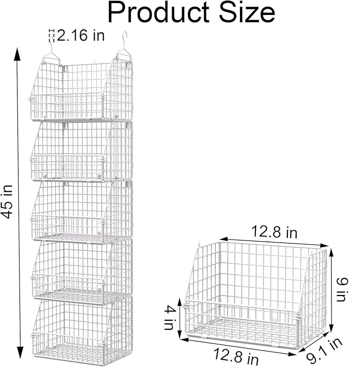 Hanging Closet Organizer and Storage, Clothes Hanging Shelves Wire Baskets for Clothing Sweaters Purse Handbags Shoes White 5 Tier