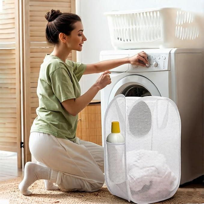 The upgraded pop-up laundry basket features a breathable side pocket mesh design, making it ideal for rooms, apartments, dormitories, travel, business trips, and children's storage (1,white)