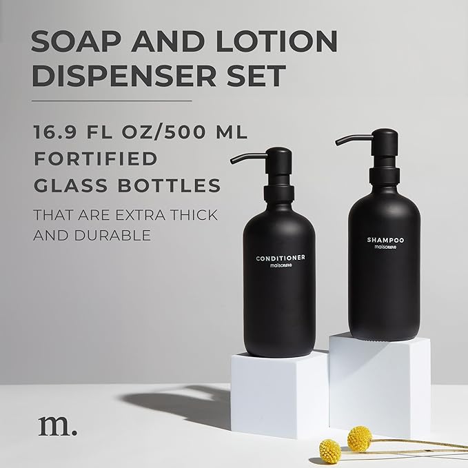 MaisoNovo Soap Dispenser 2-Piece Set | 16.9oz Black Bottles with Black Plastic Pumps