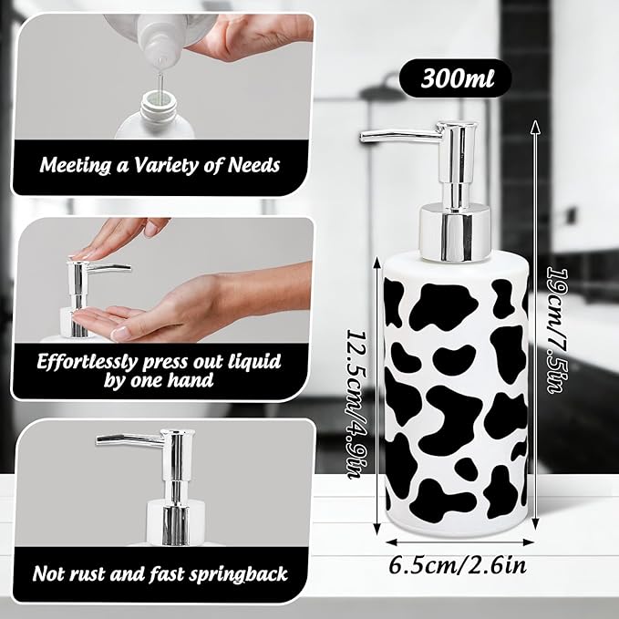 Cow Print Soap Dispenser Refillable Liquid Container Cute Cow Spot Glass Soap Dispenser with Pump for Bathroom Kitchen Countertop Decor