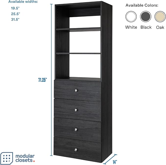 Modular Closet System - Tower With Drawers (4) - Corner Closet Organizer - Storage Shelves (Gray, 25.5 inches Wide)