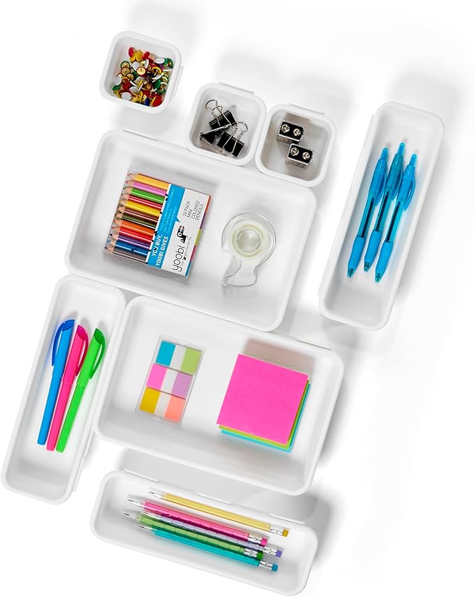 madesmart Premium 8 Piece Interlocking Bin Pack, Modular Drawer Organizer Set for Office Supplies, Tools & Household Items, Durable Non-Slip Design, White