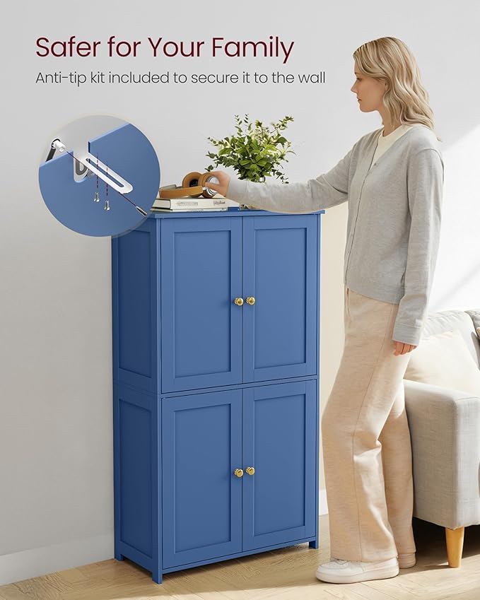 VASAGLE Floor Storage Cabinet, Shaker Cabinet with 2 Adjustable Shelves, 4 Doors, Tall Freestanding Organizer Unit, for Kitchen Bathroom Living Room, Bijou Blue UBBC553QE01S