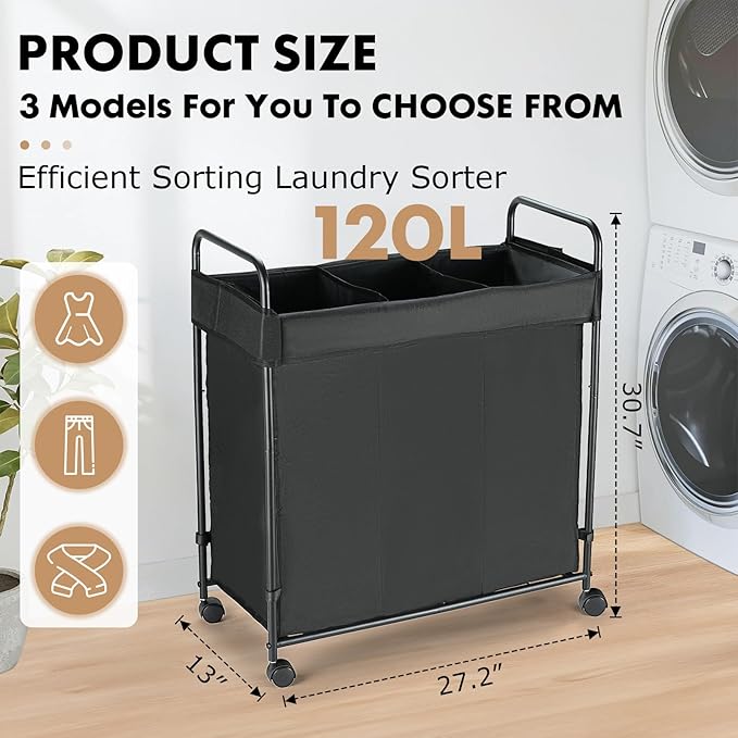 120L Laundry Hamper with Wheels, Rolling Laundry Sorter cart with Metal Frame and Removable Liner, Dirty Clothes Hampers for Bedroom, Laundry Room, Bathroom