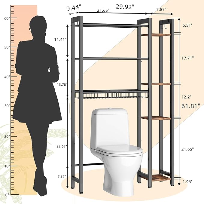 Over The Toilet Storage with Side Rack, 7-Tier Bathroom Organizer with Adjustable Shelf & Drain Basket & 4 Hooks, Freestanding Space Saver for Balcony, Laundry (Vintage Brown)