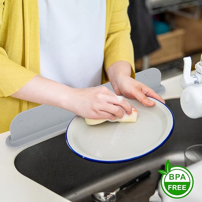 19.29 inch Kitchen Sink Splash Guard, Silicone Sink Baffle Splash Guard, Backsplash Protector for Kitchen Countertop & Bathroom Bathtub with Non-Slip Strong Suction, Gray