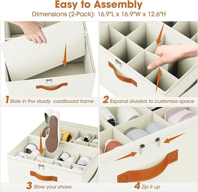 2 Pack Shoe Organizer for Closet,Foldable Shoe Storage Organizer with Adjustable Dividers, Shoe Storage Box with Clear Cover, Fits up to 16 Pairs, Beige