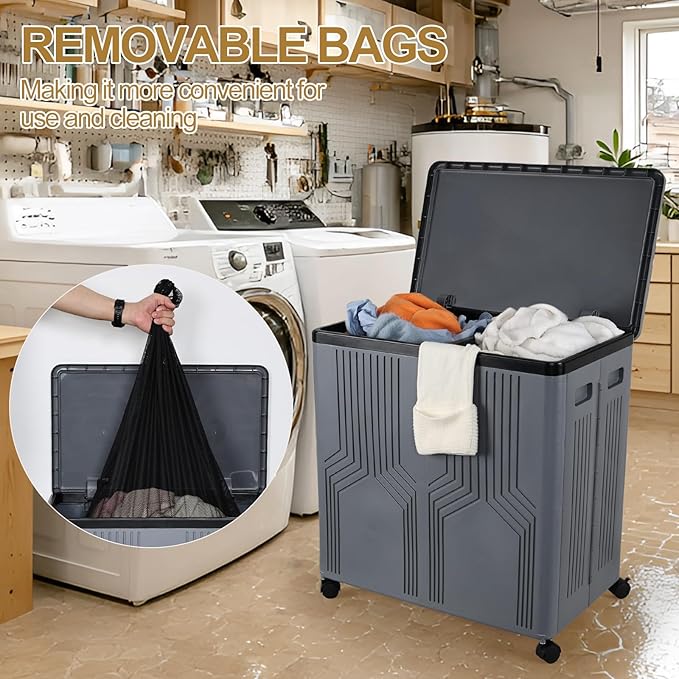 130 L Large Double Laundry Basket with Wheels Plastic, Rolling Laundry Basket with Lid and Removable Bag, Large Collapsible Laundry Hamper with 2 Sections, Gray