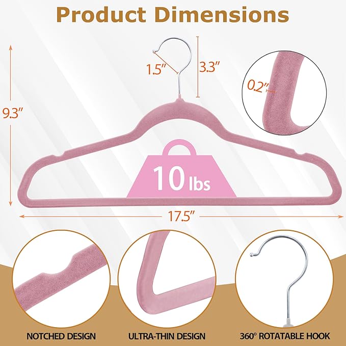 SUPER DEAL Velvet Hangers 100 Pack, Premium Clothes Hanger Slim Non-Slip Notched for Suit Coat Pants Dress, 360 Degree Swivel Space Saving Heavy Duty for Closet, Pink