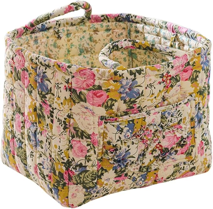 Quilted Fabric Storage Basket with Handles – Boho Foldable Floral Organizer Bin for Home, Picnic, Shopping, Travel 13"x11"x10" (Blush Bloom)