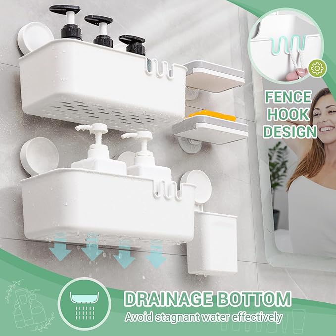 LUXEAR Shower Caddy 5 Pack Suction Cup Shower Organizer for Bathroom Storage Home &Kitchen,No Drilling Removable Plastic Shelf Organizer with Soap Dish&Toothbrush Holder Easy Install