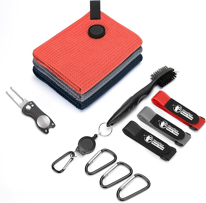 Golf Towel, 3 PCS Magnetic Golf Towels with Brush and Divot Tool, Microfiber Waffle Pattern with Clip for Men, Industrial Strength Magnet for Strong Hold to Golf Bags, Carts or Clubs (Black Gray Red)