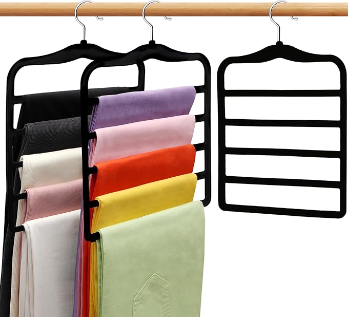 Closet Organizers and Storage,3 Pack Velvet Pants-Hangers-Space-Saving,Non Silp 5 Tier Scarf Jeans Organizer,Dorm Room Essentials for College Students Girls Boys Guys,Organization and Storage