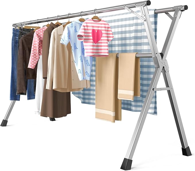 Lrjyxq 95 Inches Heavy - Duty Stainless Steel Folding Clothes Drying Rack Clothing Indoor Outdoor Anti-Rust 20 Windproof Hooks Portable & Foldable Laundry Rack (95'')