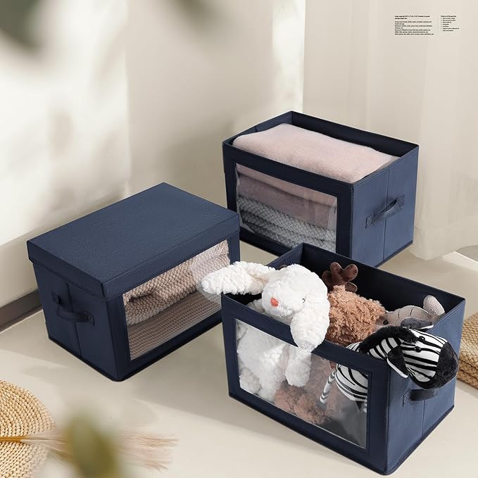 Minimalist 6 Pack Large Fabric Storage Bins with Lids, Navy Blue, 14 Inch. - 6 Count, Ideal for Clothes, Books, CD, Bedroom, Living Room