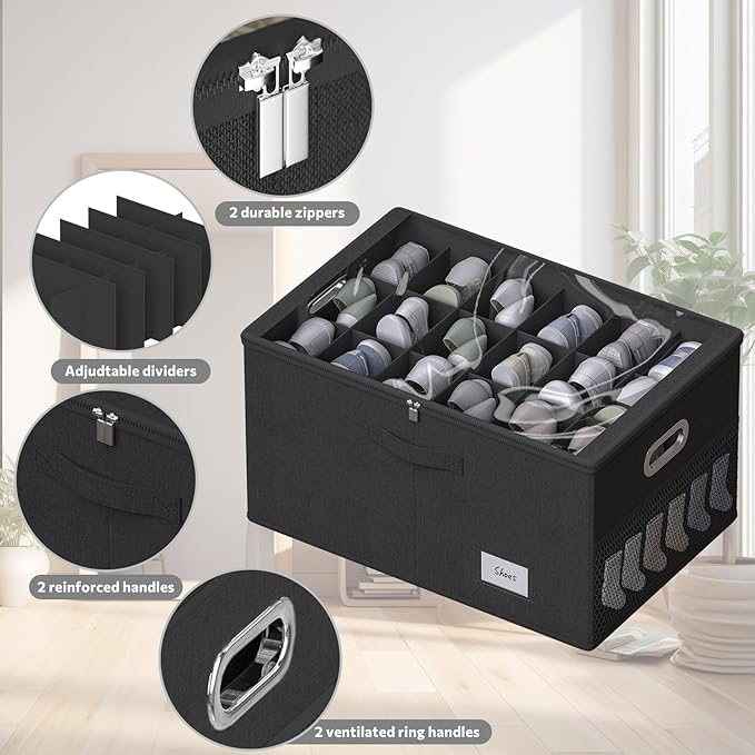 Shoe Organizer for Closet, Shoe Box Storage Containers Fit 18 Pairs Foldable Shoe Storage Bins with Clear Cover & Adjustable Dividers for Shoes Blankets Linen Clothing (Black, (24.4*16.5*12.9)x1)