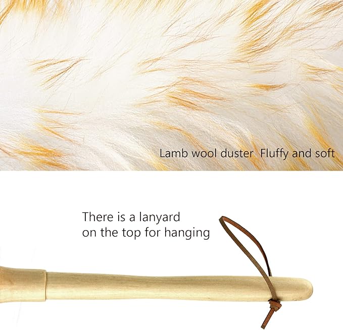 Lambs Wool Duster for Cleaning Window Blinds Computer Furniture TV Computer Screens Bookshelves Solid Wooden Handle Natural Feather Duster,26'', Yellow&White