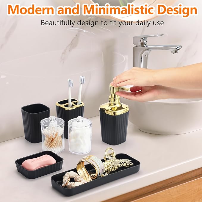 Black Bathroom Set, 23 PCS Black Bathroom Accessories Set with Shower Curtains, Trash Can, Toothbrush Holder, Soap Dispensers, Toothbrush Cup, Vanity Tray, Soap Dish, Toilet Brush, Qtip Holders