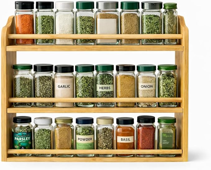 Bamboo Spice Rack Organizer – 3 Tier Countertop or Wall Mounted – Solid Natural Bamboo – Kitchen Spice Shelf Storage – Space Saving Organizer