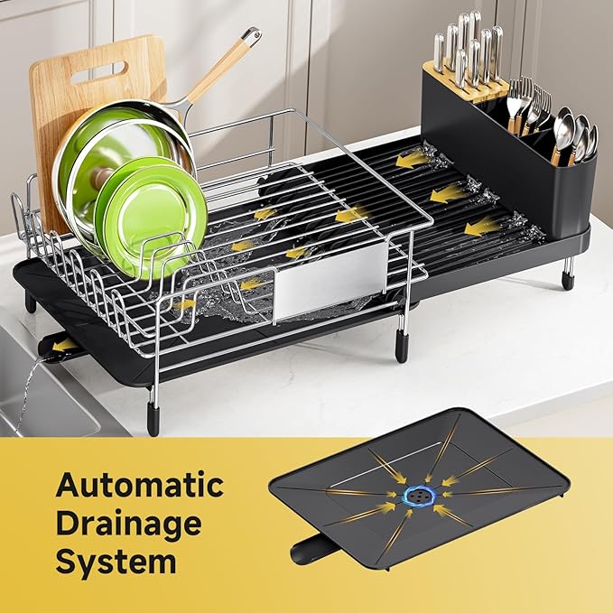Large Dish Drying Rack - 304 Stainless Steel Dish Rack for Kitchen Counter, Extendable Dish Drainers with Cutlery & Cup Holders, Black