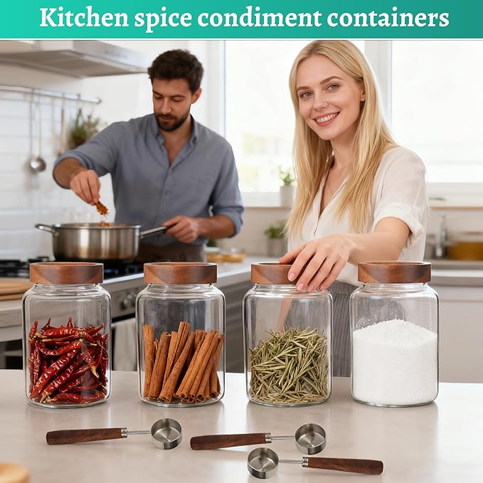 Patoper Glass Coffee Jars Spice Jar Round Storage Canister with Wooden Lid Clear Glass Food Jar for Pantry Sugar Tea Coffee Bean Spice Nuts Cookies Bath Salts (1800ml/60oz-2PACK（with spoon)