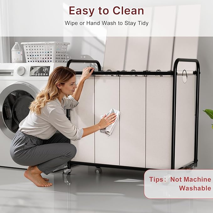 4-Compartment Laundry Cart with Lockable Wheels & Lid 180L Large Wheeled Laundry Basket Heavy-Duty Sorting Organizer for Laundry Room (White)