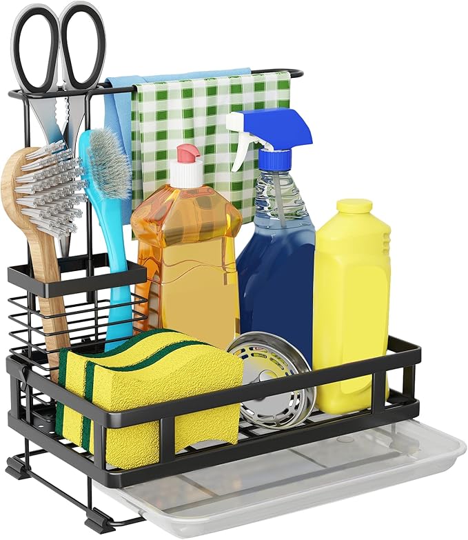 Godboat Dish Soap Dispenser, Kitchen Sink Organizer with Brush Rack, 304 Stainless Steel, Sponge Holder for Kitchen Sink, Sink Caddy with Drain-Pan, Cool Kitchen Gadgets & Gifts for Women, Christmas