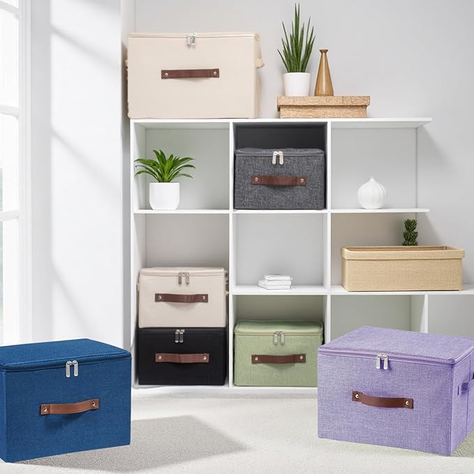 Storage Bins with Zipper Lid Foldable Fabric Lidded Storage Boxes Baskets Cubes Washable Collapsible PU Leather Handle Cotton Linen Shelves Closet Organizer Container(Purple, Small Size)