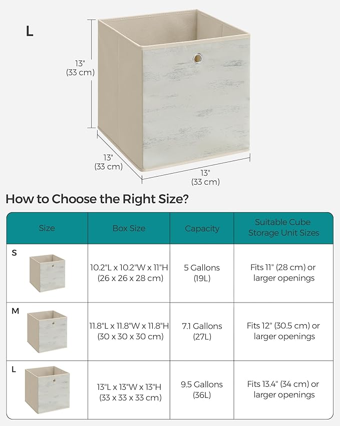 SONGMICS Storage Cubes, Set of 6 Storage Bins with Handles, Foldable Oxford Fabric and Non-Woven Fabric Storage Boxes, 13 x 13 x 13 Inches, Fit Cube Storage Unit, Vintage White URFB133W01