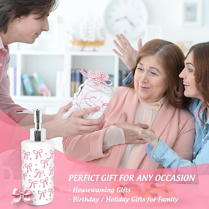 Pink Bow Soap Dispenser Coquette Bow Knot Mini Heart Glass Soap Dispenser with Pump Refillable Liquid Soap Container for Bathroom Kitchen Countertop Decor